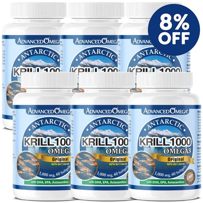 Bundle of six bottles of AdvancedOmega® Antarctic Krill Oil Omega-3 supplements, each containing 1,000 mg per softgel with DHA, EPA, and Astaxanthin. The product label shows an image of krill and an Antarctic iceberg, with a blue '8% OFF' badge displayed on the top right.