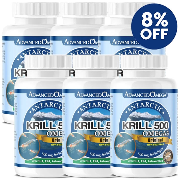 Bundle of six bottles of AdvancedOmega® Antarctic Krill Oil Omega-3 supplements, each containing 500 mg per softgel with DHA, EPA, and Astaxanthin. The product label features an image of krill and an Antarctic iceberg, with a blue '8% OFF' badge displayed on the top right.