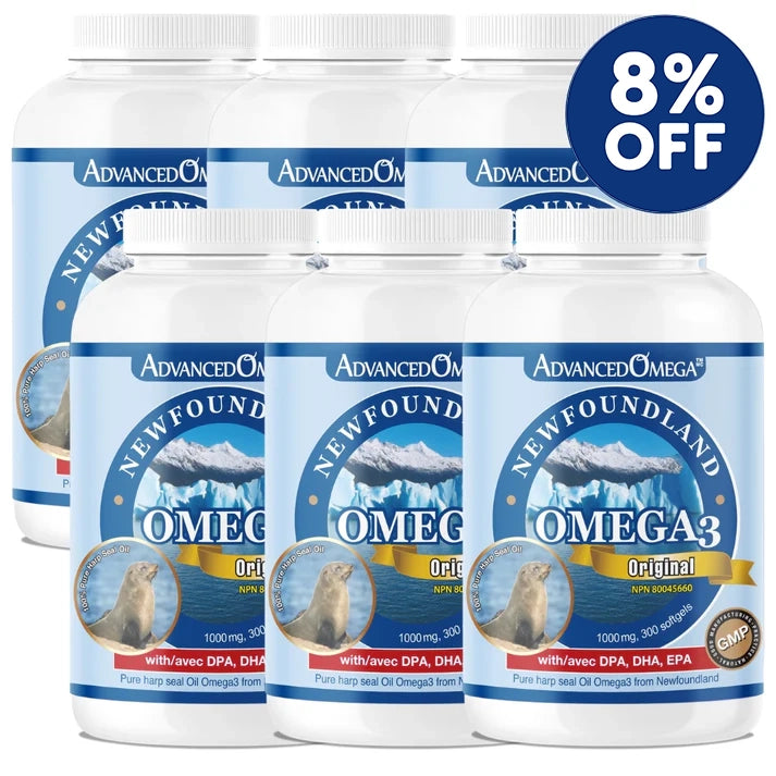 Bundle of six bottles of AdvancedOmega® Newfoundland Harp Seal Oil Omega-3 supplements, featuring 1,000 mg per softgel with DPA, DHA, and EPA. The product label shows a seal and iceberg image, and a blue badge indicating '8% OFF' is displayed on the top right.