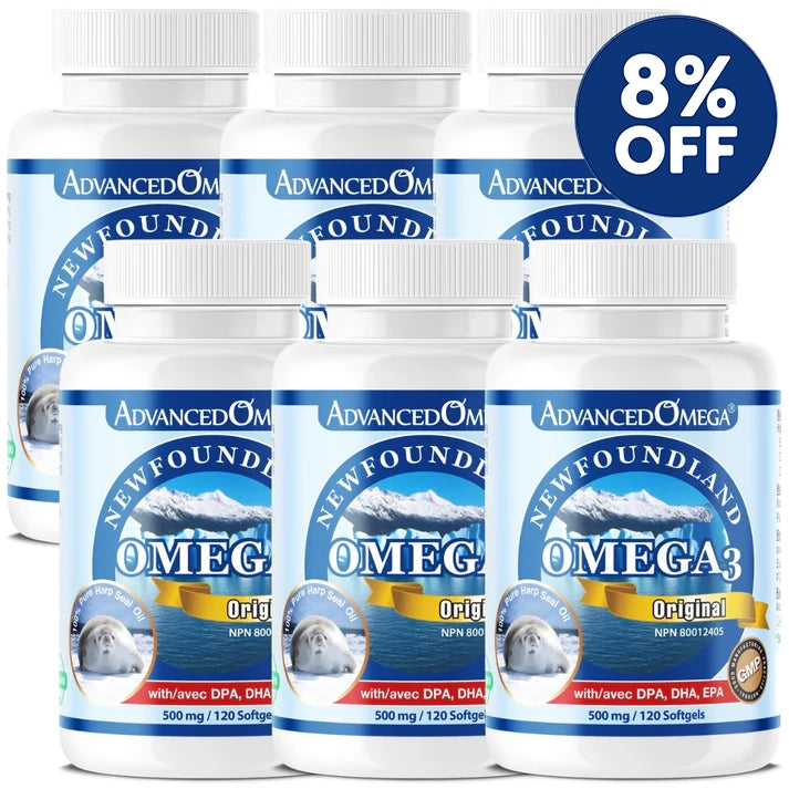 Bundle of six bottles of AdvancedOmega® Newfoundland Harp Seal Oil Omega-3 supplements, each containing 500 mg per softgel with DPA, DHA, and EPA. The product label features an image of a baby seal and iceberg, with a blue '8% OFF' badge displayed on the top right.