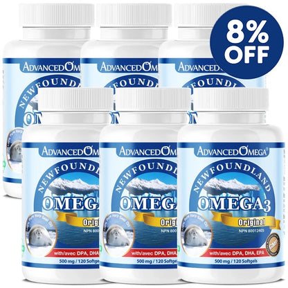 Bundle of six bottles of AdvancedOmega® Newfoundland Harp Seal Oil Omega-3 supplements, each containing 500 mg per softgel with DPA, DHA, and EPA. The product label features an image of a baby seal and iceberg, with a blue '8% OFF' badge displayed on the top right.
